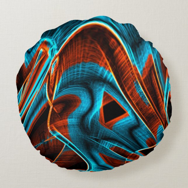 Almofada Redonda Azul torto e vermelho queimado com ranhuras (Verso)