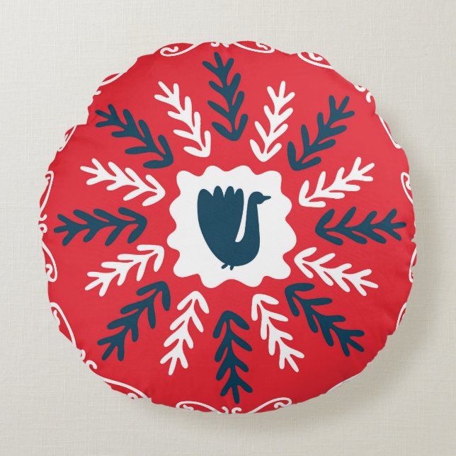 Almofada Redonda Azulejo de Natal Folk Doodle Art (Frente)