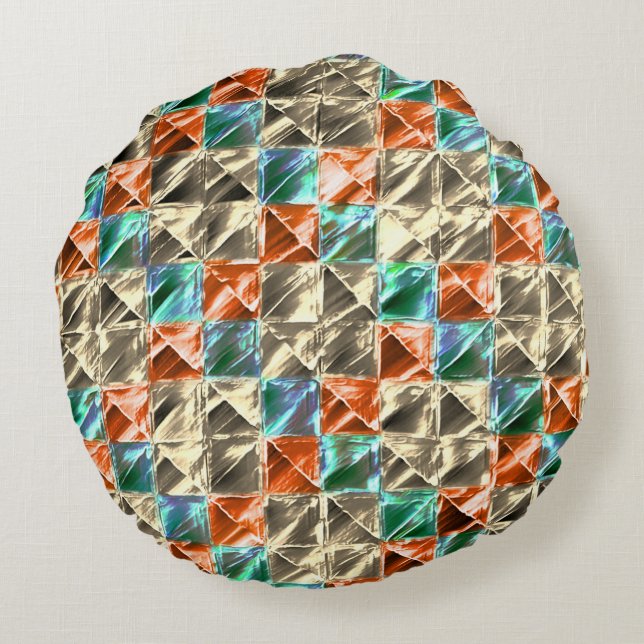 Almofada Redonda Azulejos de bege, ciano e coral ou manchados (Verso)