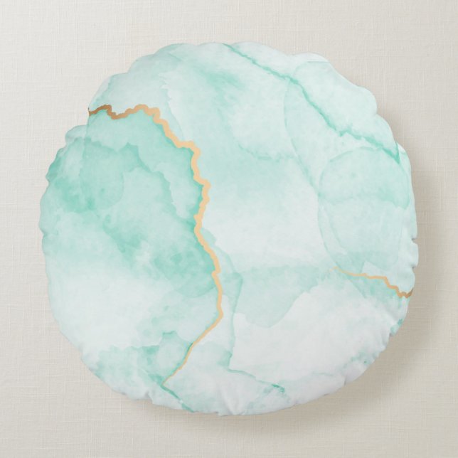 Almofada Redonda azulejos de cor aquosa azul-marmoreado de turquesa (Frente)