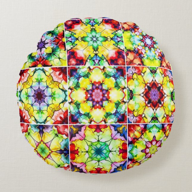 Almofada Redonda Azulejos do Mediterrâneo, Azulejos de Tinta Álcool (Frente)