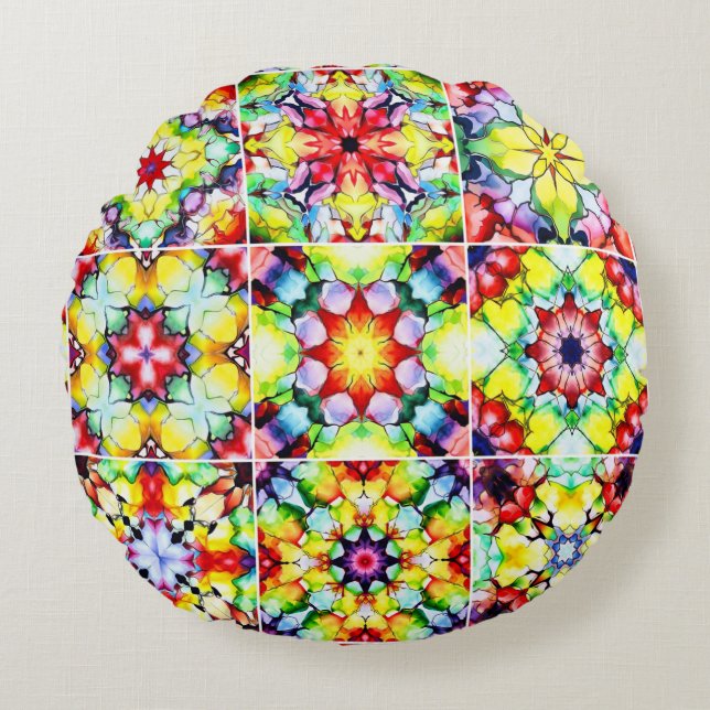 Almofada Redonda Azulejos do Mediterrâneo, Azulejos de Tinta Álcool (Frente)