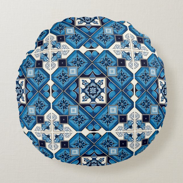 Almofada Redonda Azulejos do Mediterrâneo, Portugal, Azulejo, Majol (Frente)