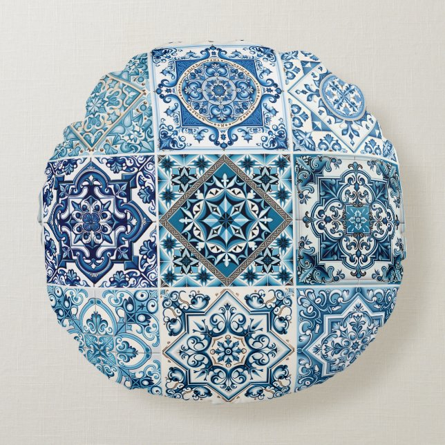 Almofada Redonda Azulejos do Mediterrâneo, Portugal, Azulejo, Majol (Frente)