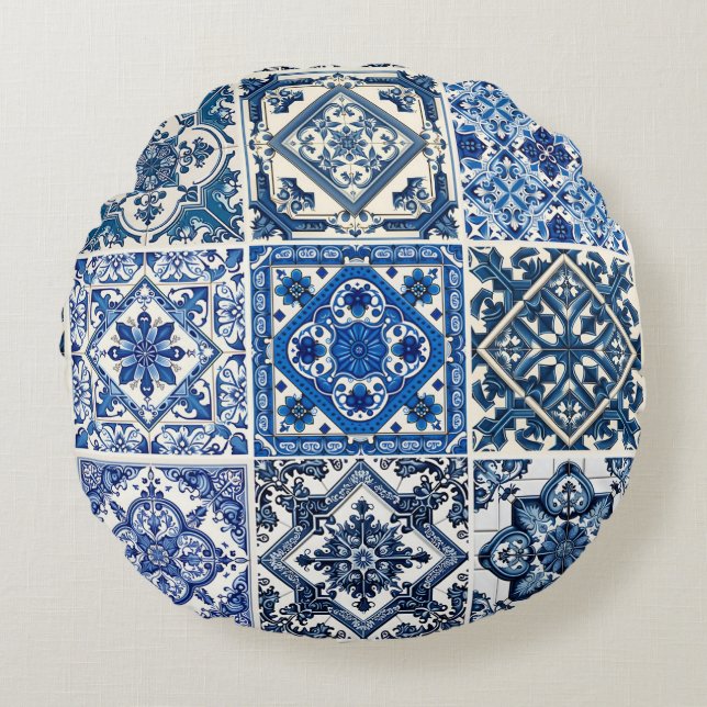 Almofada Redonda Azulejos do Mediterrâneo, Portugal, Azulejo, Majol (Frente)