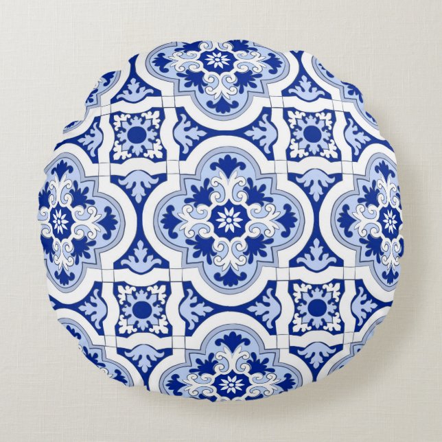 Almofada Redonda Azulejos italianos, majolica, padrão azul e branco (Frente)