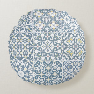 Almofada Redonda Azulejos Mediterrâneos, Marroquinos, Maiolica, Azu