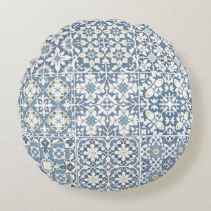 Almofada Redonda Azulejos Mediterrâneos, Marroquinos, Maiolica, Azu