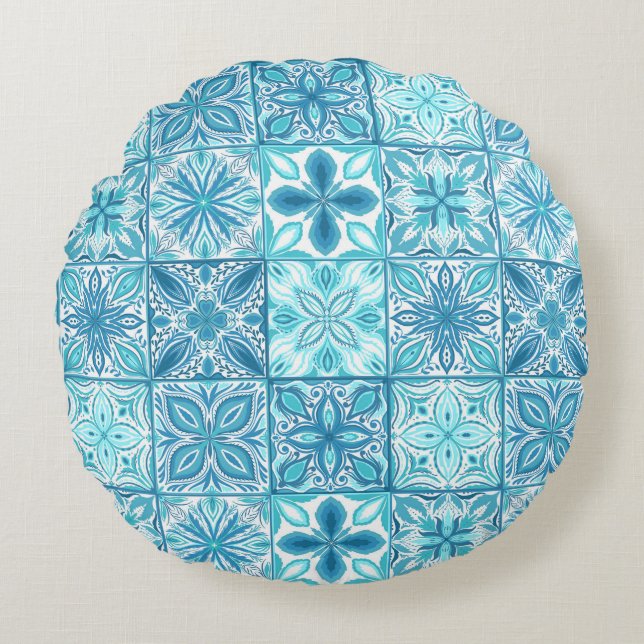 Almofada Redonda azulejos ornamentados em azul e branco (Frente)