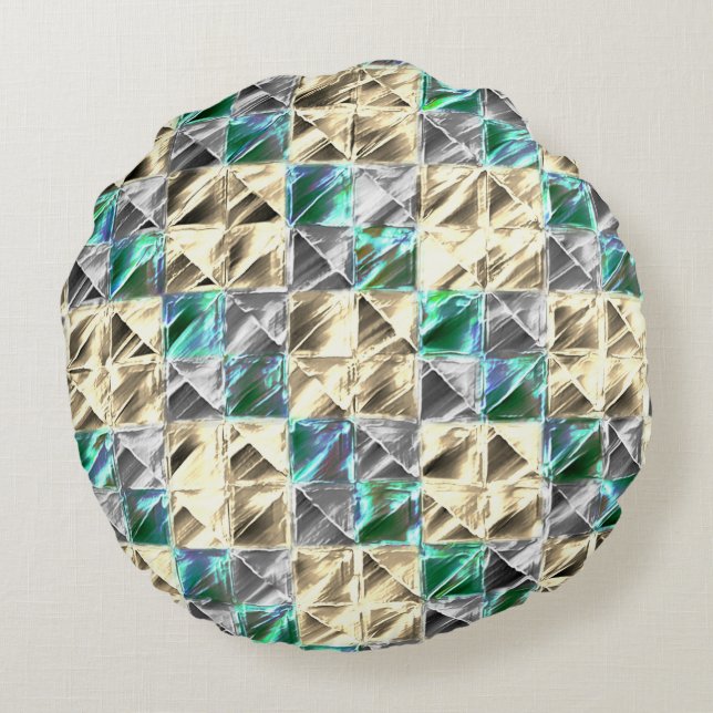 Almofada Redonda Azulejos ou manchas de menta, bege e prateado (Verso)