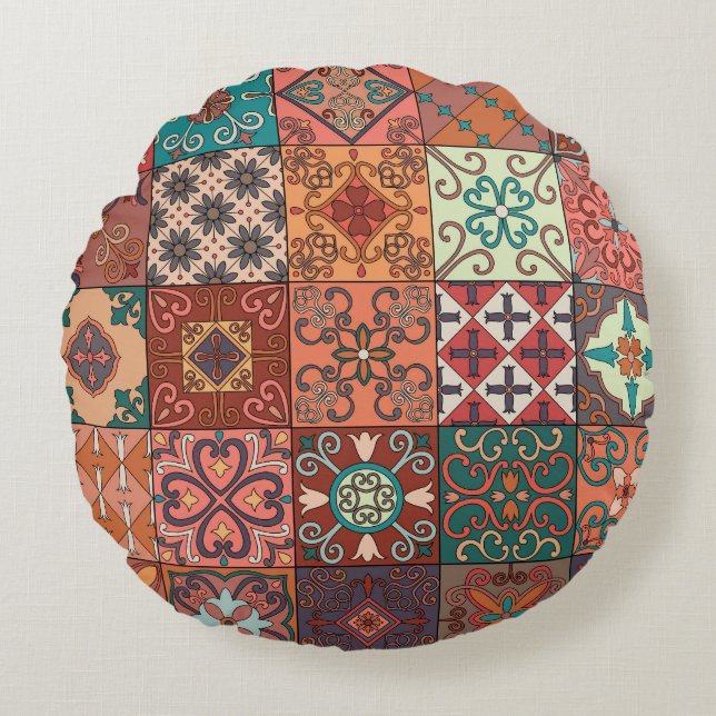 Almofada Redonda Azulejos Portugueses: Estilo Talavera Azulejo. (Frente)