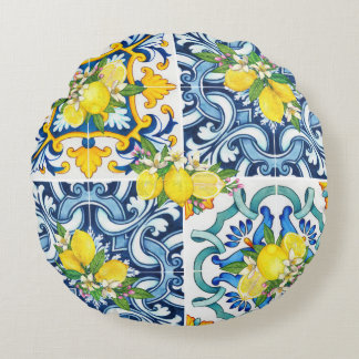 Almofada Redonda Azulejos Sicilianos do Mediterrâneo, limões de cit