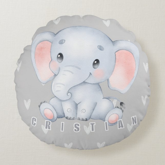Almofada Redonda Baby Elephant Nursery Cute Decor  (Frente)