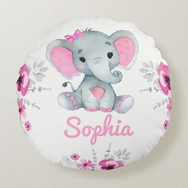 Almofada Redonda Baby Girl Elephant Name Personalizar Presente Flor (Frente)
