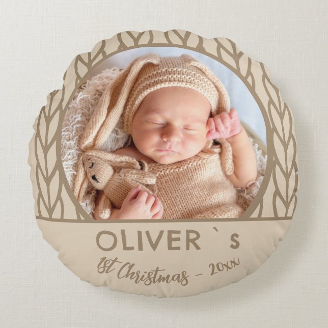 Almofada Redonda Baby`s 1st Christmas Knitting Photo  (Frente)