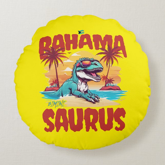 Almofada Redonda Bahamas Souvenir Gift: Bimini Bahama Saurus T-Rex (Frente)