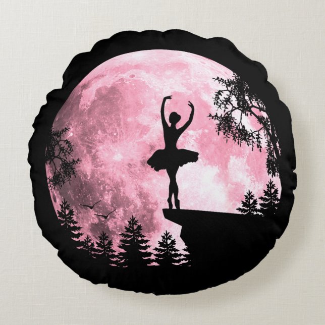 Almofada Redonda Bailarina Dançando Lua Cheia Rosa Mulher Menina (Frente)