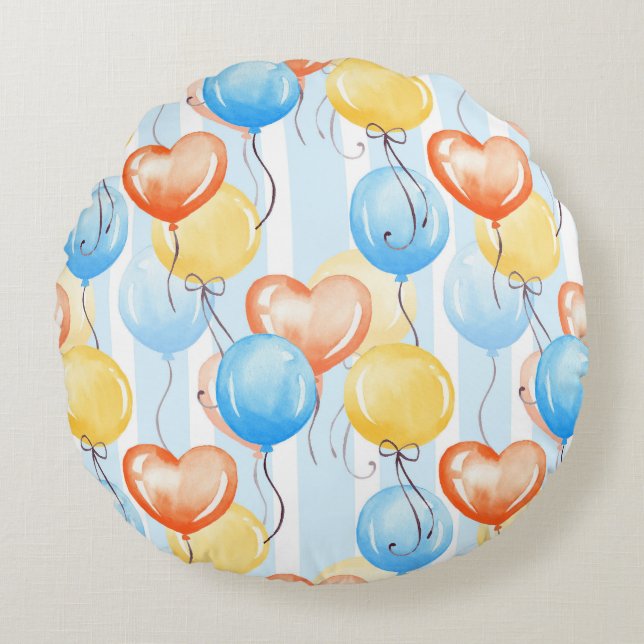 Almofada Redonda Balões coloridos: padrão uniforme de aquarela. (Frente)