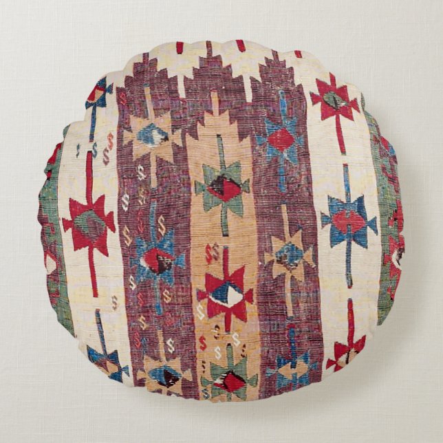 Almofada Redonda Banda Horizontal Quilim Bandas Verdes Roxas  (Frente)