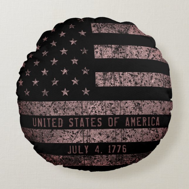 Almofada Redonda Bandeira Americana do Grunge Negro e Rosa (Frente)