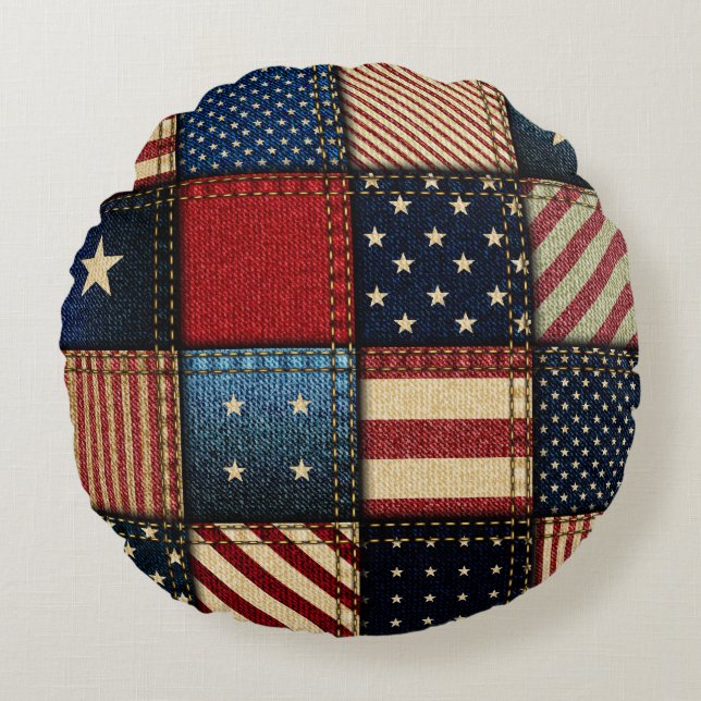 Almofada Redonda Bandeira Americana, Patchwork Perfeitamente Padrão (Frente)