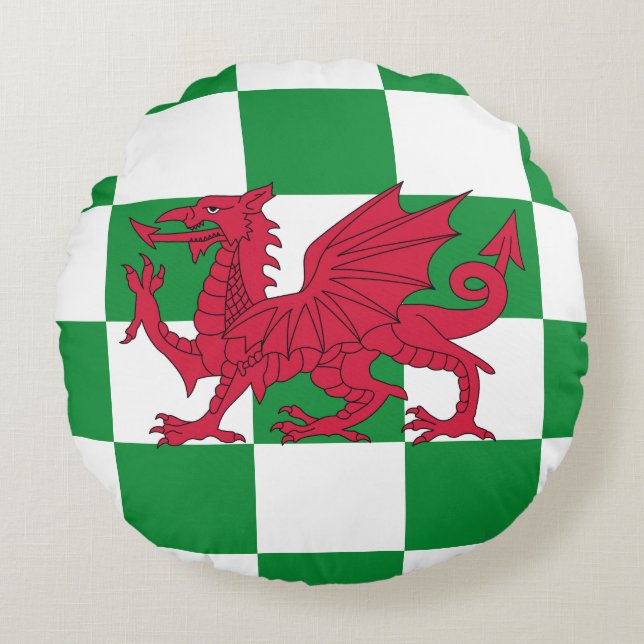 Almofada Redonda Bandeira do Dragão Céltico Vermelho Místico do Paí (Frente)