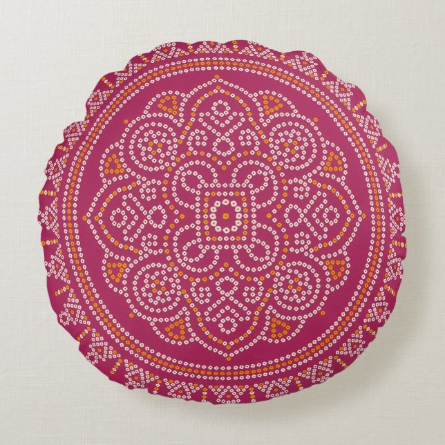 Almofada Redonda Bandhani Mandala Tradicional (Frente)