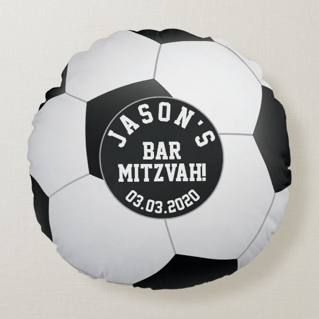 Almofada Redonda Bar de futebol branco preto personalizado Mitzvah (Frente)