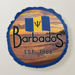 Almofada Redonda "Barbados Est. Sunset De 1966" Com Bandeira De Bar