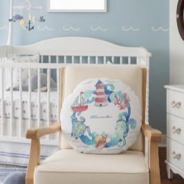 Almofada Redonda Barco e Farol de Animais do Oceano Náutico