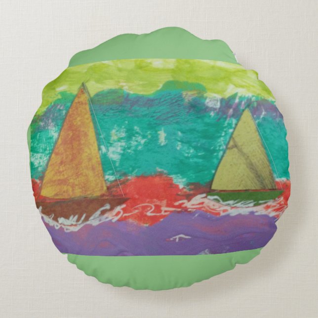 Almofada Redonda Barcos à vela no Travesseiro de água roxa (Verso)