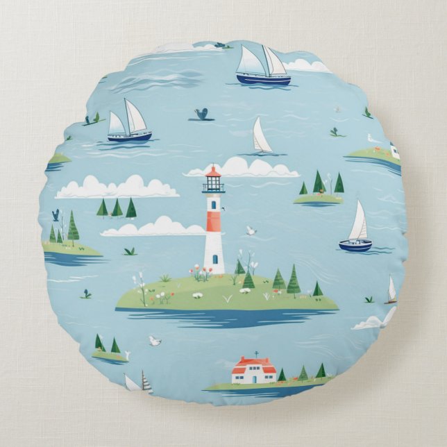 Almofada Redonda Barcos De Farol Marítimo Costeiro (Frente)