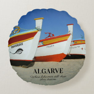 Almofada Redonda Barcos de Pesca na Foto de Praia de Algarve