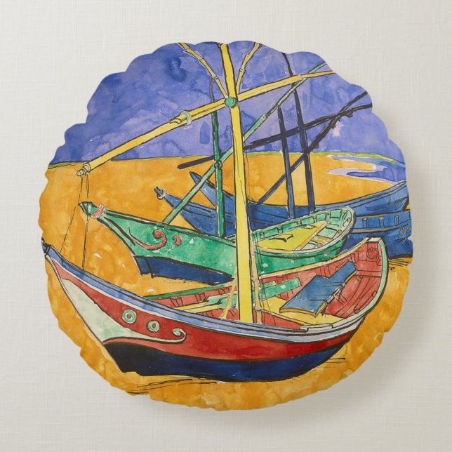 Almofada Redonda Barcos de Van Gogh Impressionismo Praia (Frente)