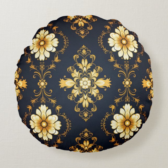 Almofada Redonda "Barockes Ornament-Muster in Gold und Schwarz" (Frente)