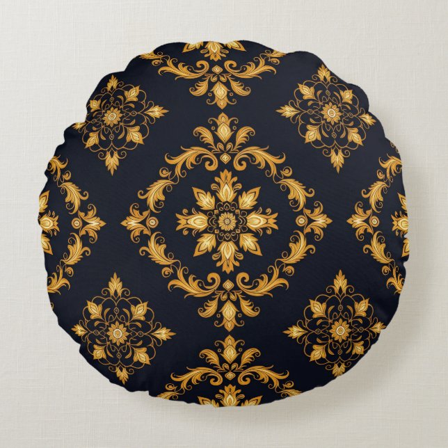 Almofada Redonda "Barockes Ornament-Muster in Gold und Schwarz" (Frente)