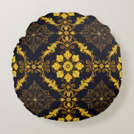 Almofada Redonda "Barockes Ornament-Muster in Gold und Schwarz"
