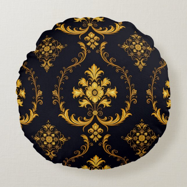 Almofada Redonda "Barockes Ornament-Muster in Gold und Schwarz" (Frente)