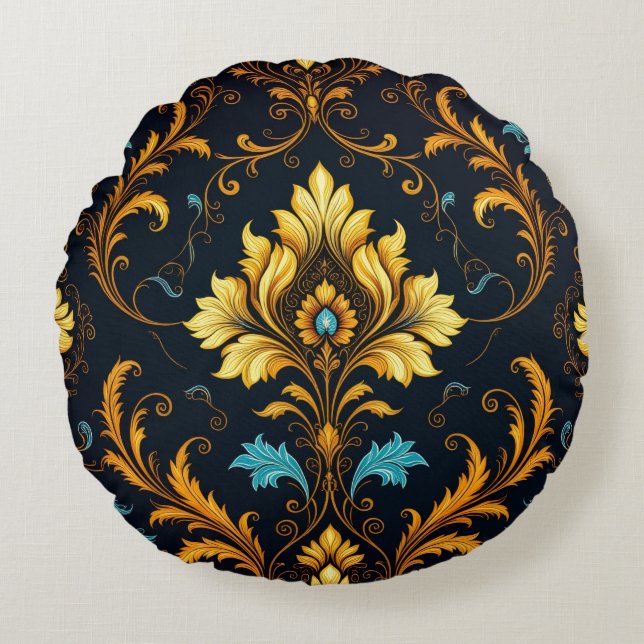 Almofada Redonda "Barockes Ornament-Muster in Gold und Schwarz" (Frente)