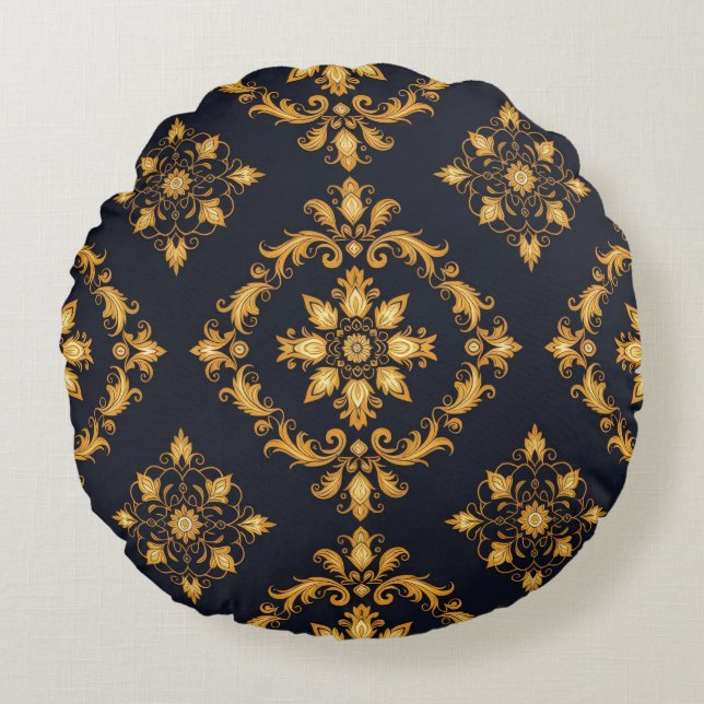 Almofada Redonda "Barockes Ornament-Muster in Gold und Schwarz" (Frente)