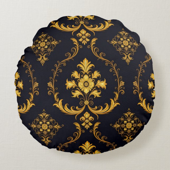 Almofada Redonda "Barockes Ornament-Muster in Gold und Schwarz" (Frente)