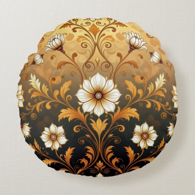 Almofada Redonda "Barockes Ornament-Muster in Gold und Schwarz"7 (Frente)