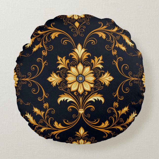 Almofada Redonda "Barockes Ornament-Muster in Gold und Schwarz" Dec (Frente)