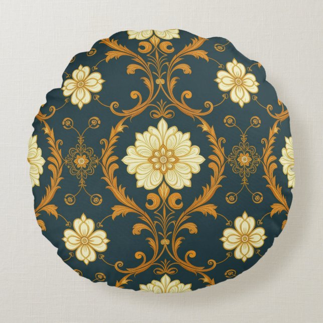 Almofada Redonda "Barockes Ornament-Muster in Gold und Schwarz" Dec (Frente)