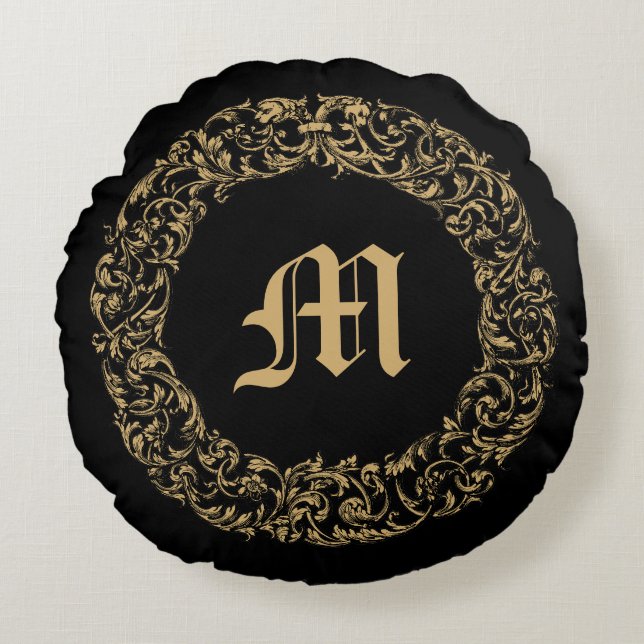 Almofada Redonda Baroque Rococo Floral Wreath Monogram Print (Frente)
