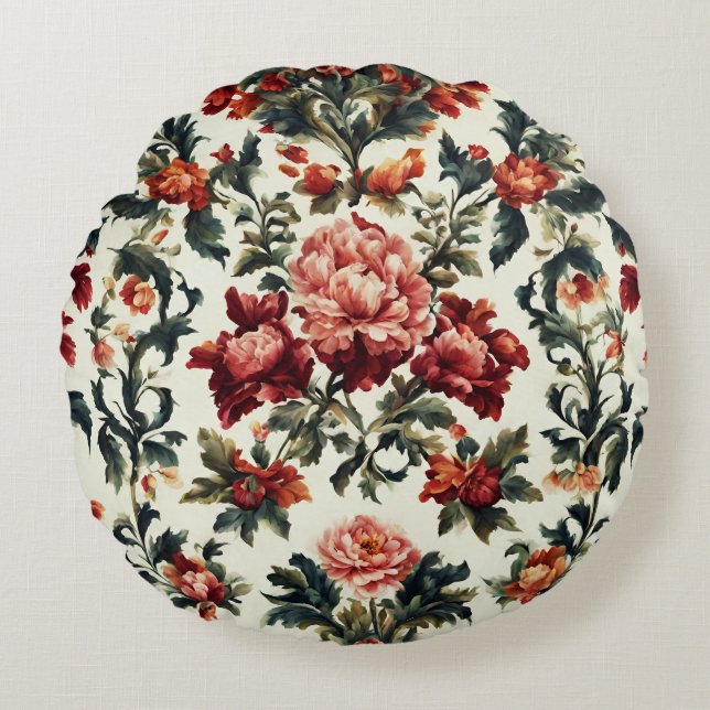 Almofada Redonda Barroco italiano. Flores e Folhas Chic (Frente)