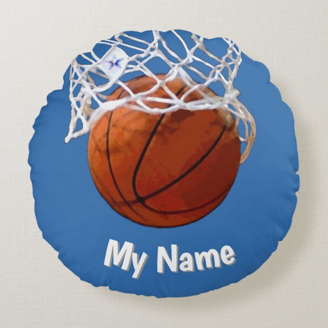 Almofada Redonda Basketball Your Name Custom Steel Blue Background (Frente)