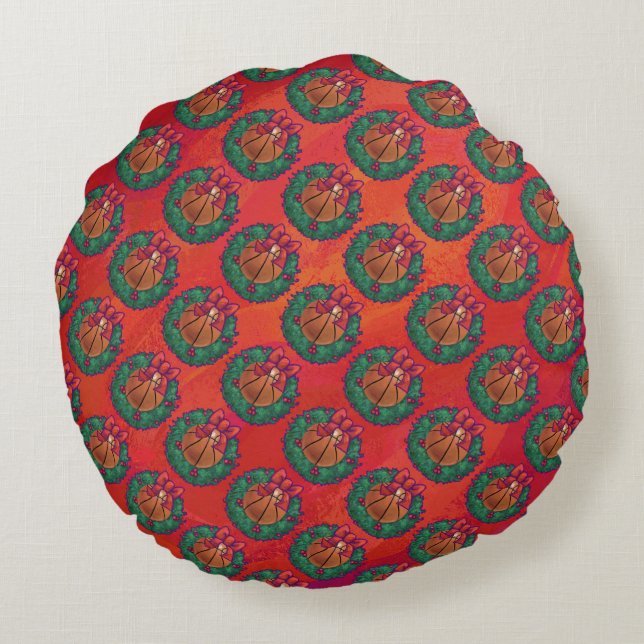 Almofada Redonda Basquete em Holly Wreath Pattern em Red (Verso)