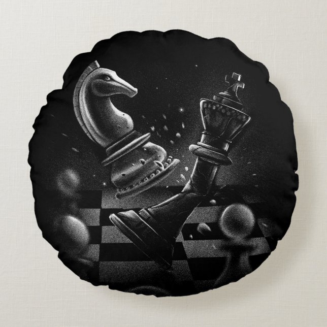 Almofada Redonda Batalha Dramática do Xadrez - Cavaleiro vs Cavalo (Frente)