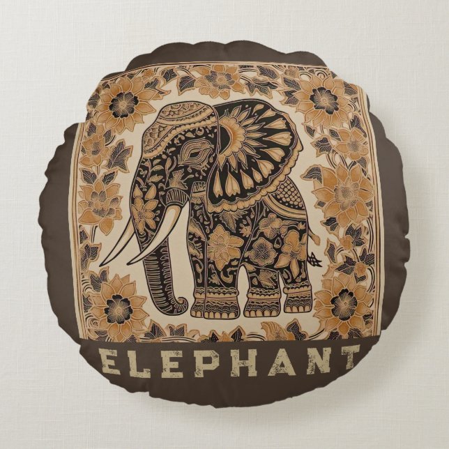 Almofada Redonda Batik Elephant Vintage Style Design, Retro  (Frente)